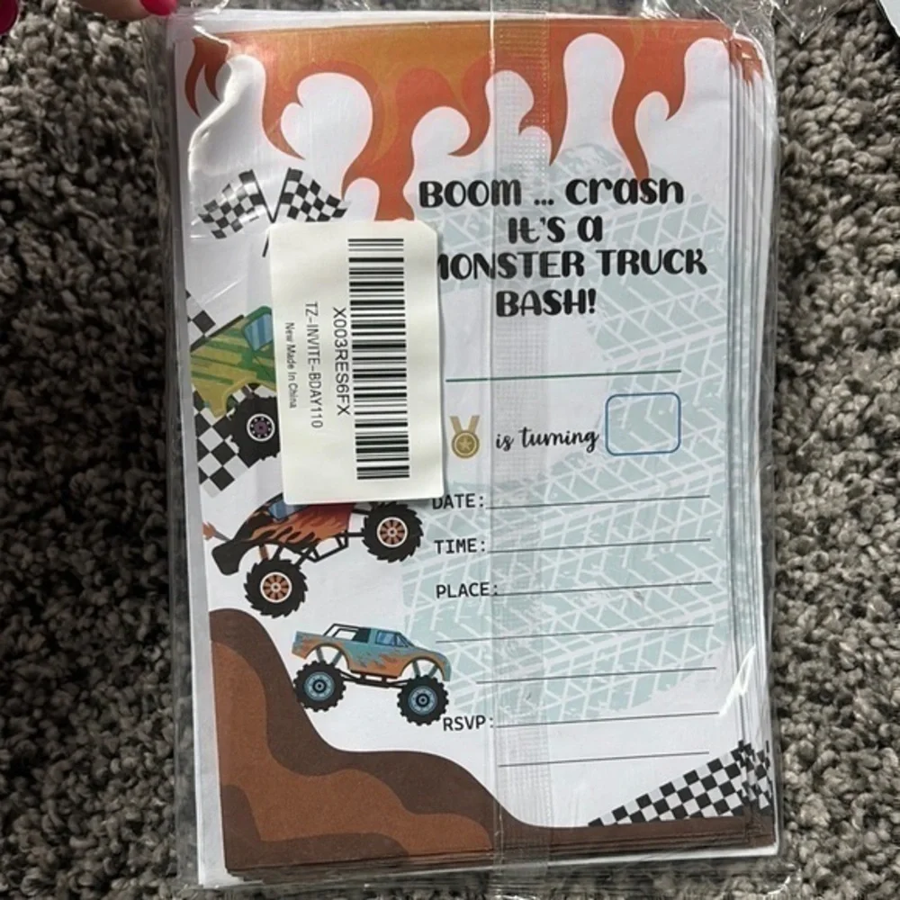 Birthday Invitations Cards with Envelopes Set of 20 - Monster Truck